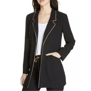 NWT Eileen Fisher Silk Georgette Crepe Long Piped Trim Long Sleeve Blazer Jacket